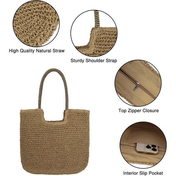 Women's B-brown Large Straw Beach Bag Handmade Woven Shoulder Hobo Tote Handbag - Picture 2 of 5